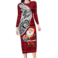 French Polynesia Christmas Family Matching Long Sleeve Bodycon Dress and Hawaiian Shirt Santa Hold Seal with Polynesian Tribal Tattoo LT03 Mom's Dress Red - Polynesian Pride