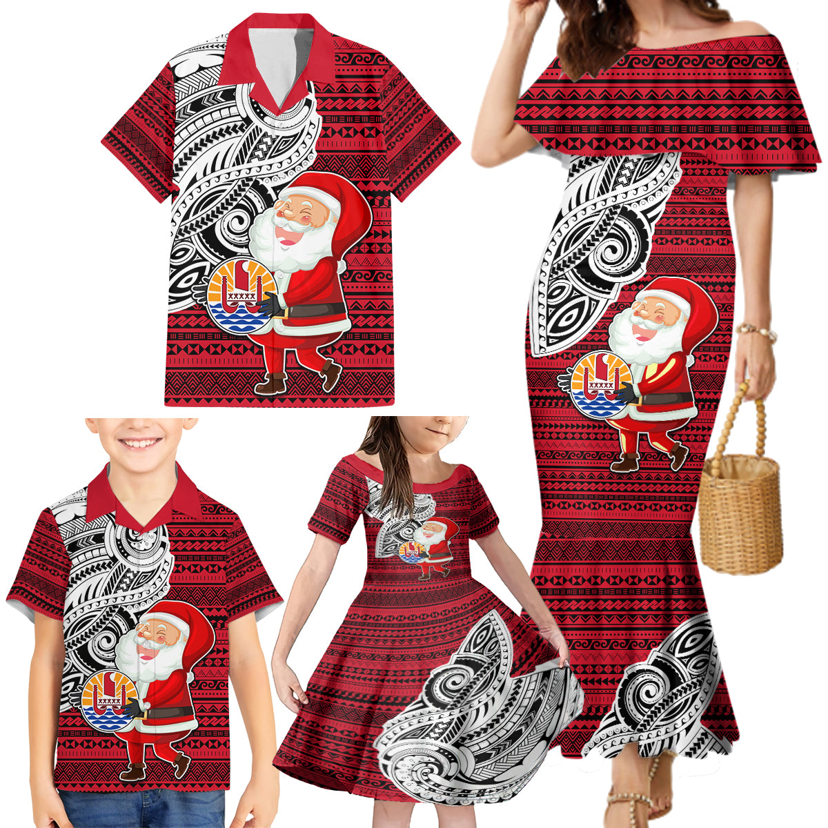 French Polynesia Christmas Family Matching Mermaid Dress and Hawaiian Shirt Santa Hold Seal with Polynesian Tribal Tattoo LT03 - Polynesian Pride