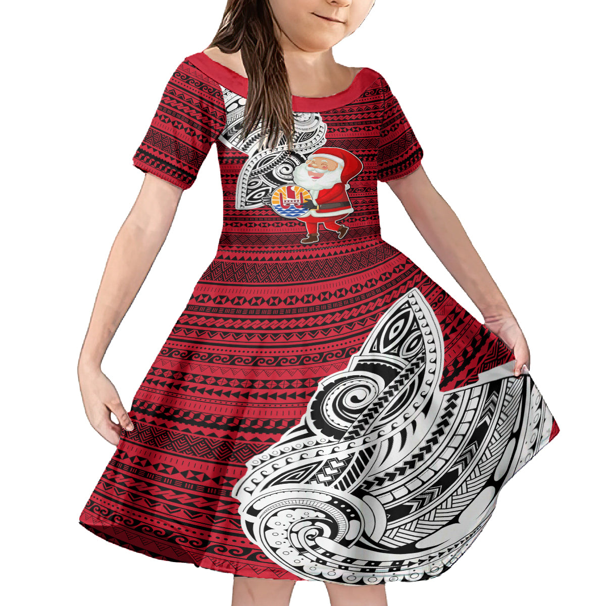 French Polynesia Christmas Family Matching Off Shoulder Maxi Dress and Hawaiian Shirt Santa Hold Seal with Polynesian Tribal Tattoo LT03 Daughter's Dress Red - Polynesian Pride