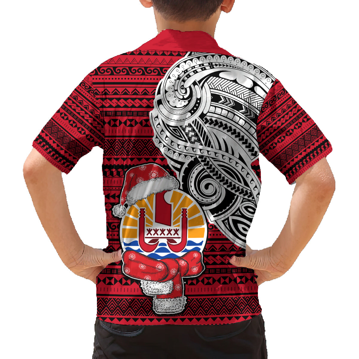 French Polynesia Christmas Family Matching Off Shoulder Short Dress and Hawaiian Shirt Santa Hold Seal with Polynesian Tribal Tattoo LT03 - Polynesian Pride
