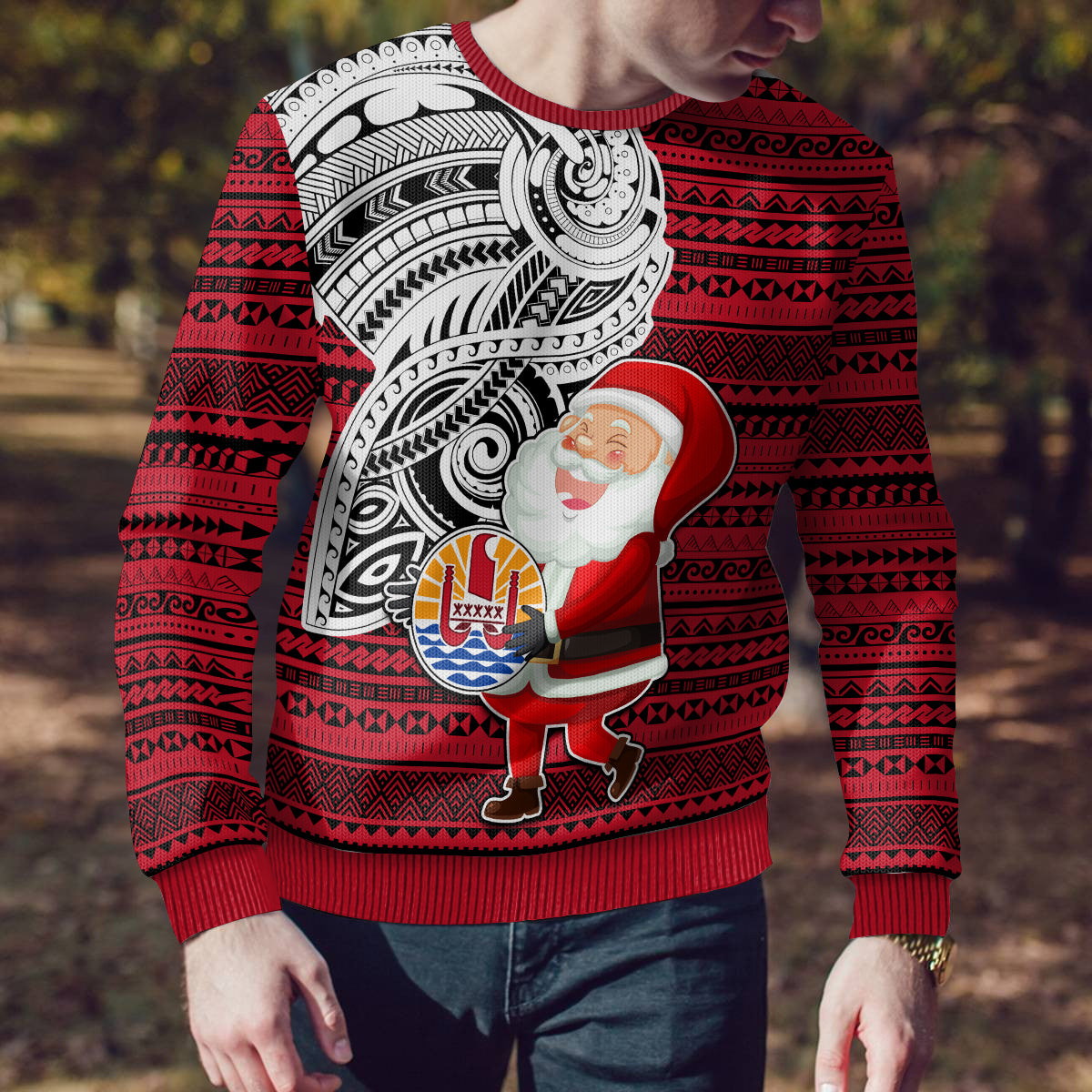 French Polynesia Christmas Ugly Christmas Sweater Santa Hold Seal with Polynesian Tribal Tattoo LT03 - Polynesian Pride
