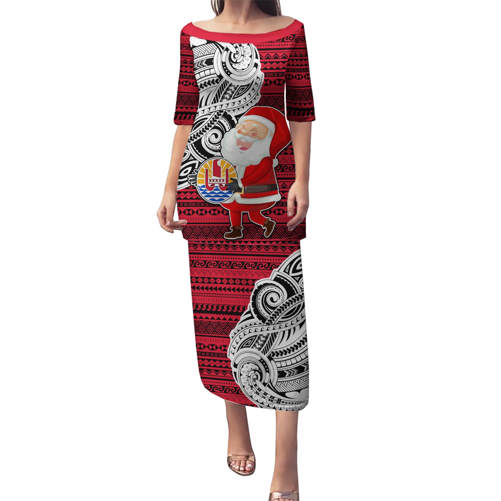 French Polynesia Christmas Puletasi Santa Hold Seal with Polynesian Tribal Tattoo LT03 Long Dress Red - Polynesian Pride