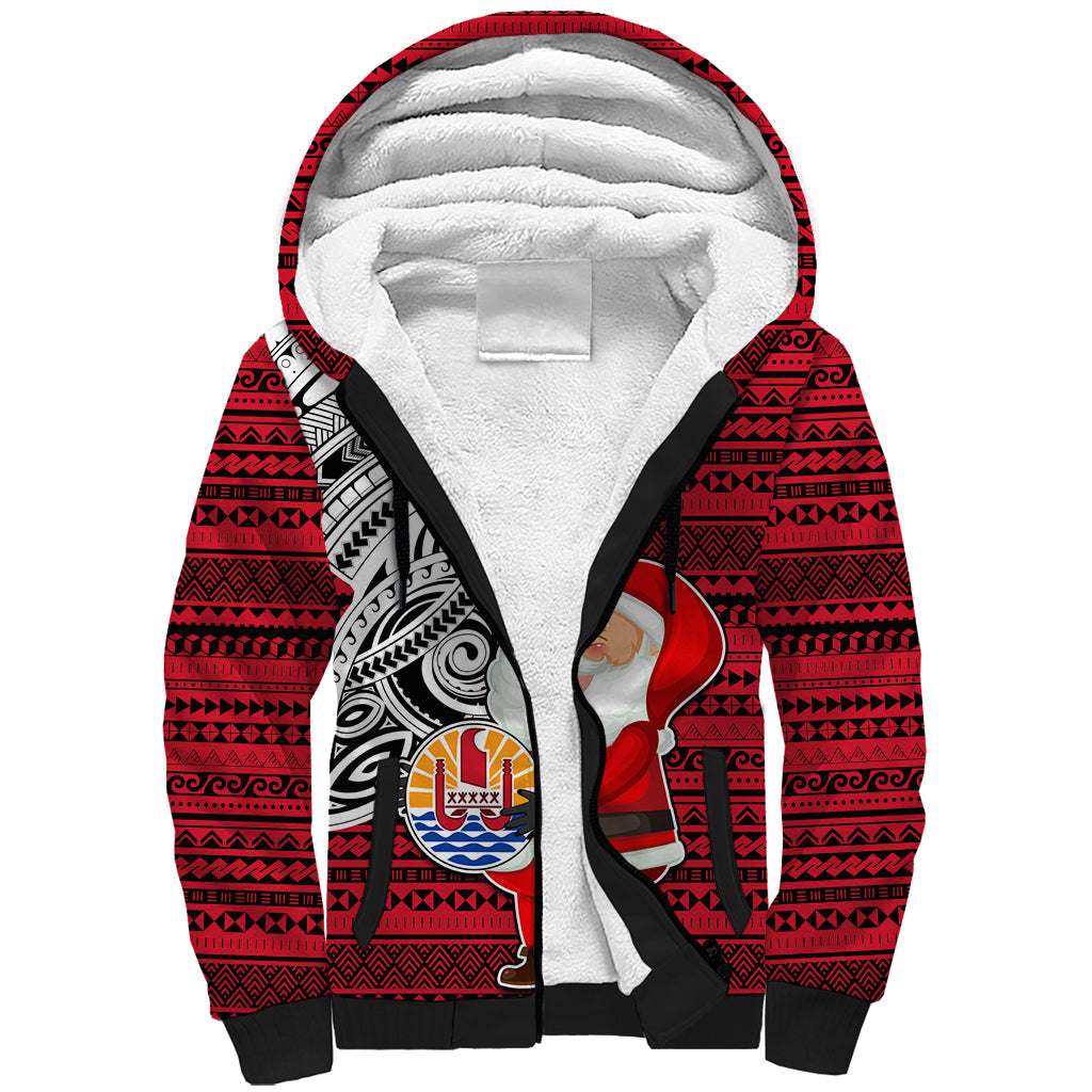 French Polynesia Christmas Sherpa Hoodie Santa Hold Seal with Polynesian Tribal Tattoo LT03 Unisex Red - Polynesian Pride