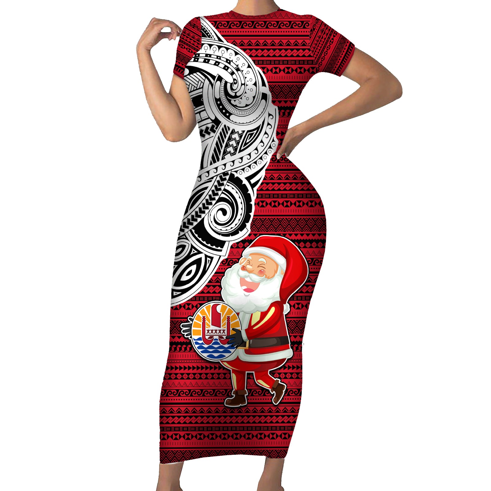 French Polynesia Christmas Short Sleeve Bodycon Dress Santa Hold Seal with Polynesian Tribal Tattoo LT03 Long Dress Red - Polynesian Pride