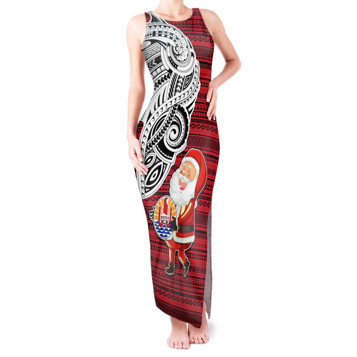 French Polynesia Christmas Tank Maxi Dress Santa Hold Seal with Polynesian Tribal Tattoo LT03 Women Red - Polynesian Pride