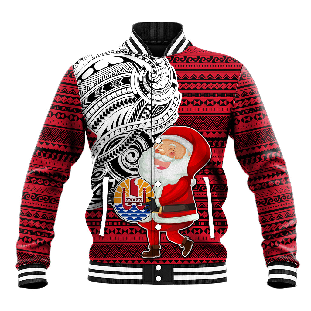 Custom French Polynesia Christmas Baseball Jacket Santa Hold Seal with Polynesian Tribal Tattoo LT03 Unisex Red - Polynesian Pride