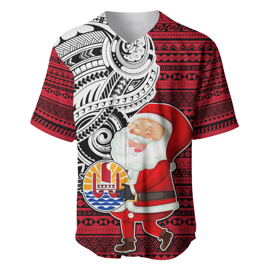 Custom French Polynesia Christmas Baseball Jersey Santa Hold Seal with Polynesian Tribal Tattoo LT03 Red - Polynesian Pride