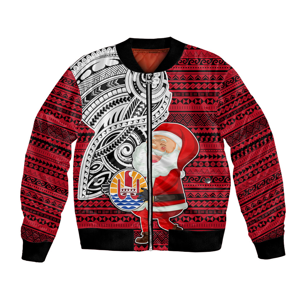 Custom French Polynesia Christmas Bomber Jacket Santa Hold Seal with Polynesian Tribal Tattoo LT03 Unisex Red - Polynesian Pride