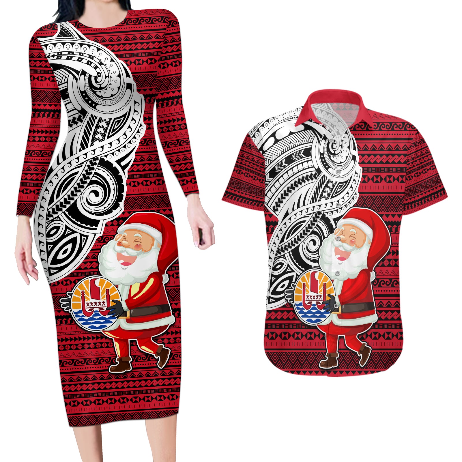 Custom French Polynesia Christmas Couples Matching Long Sleeve Bodycon Dress and Hawaiian Shirt Santa Hold Seal with Polynesian Tribal Tattoo LT03 Red - Polynesian Pride