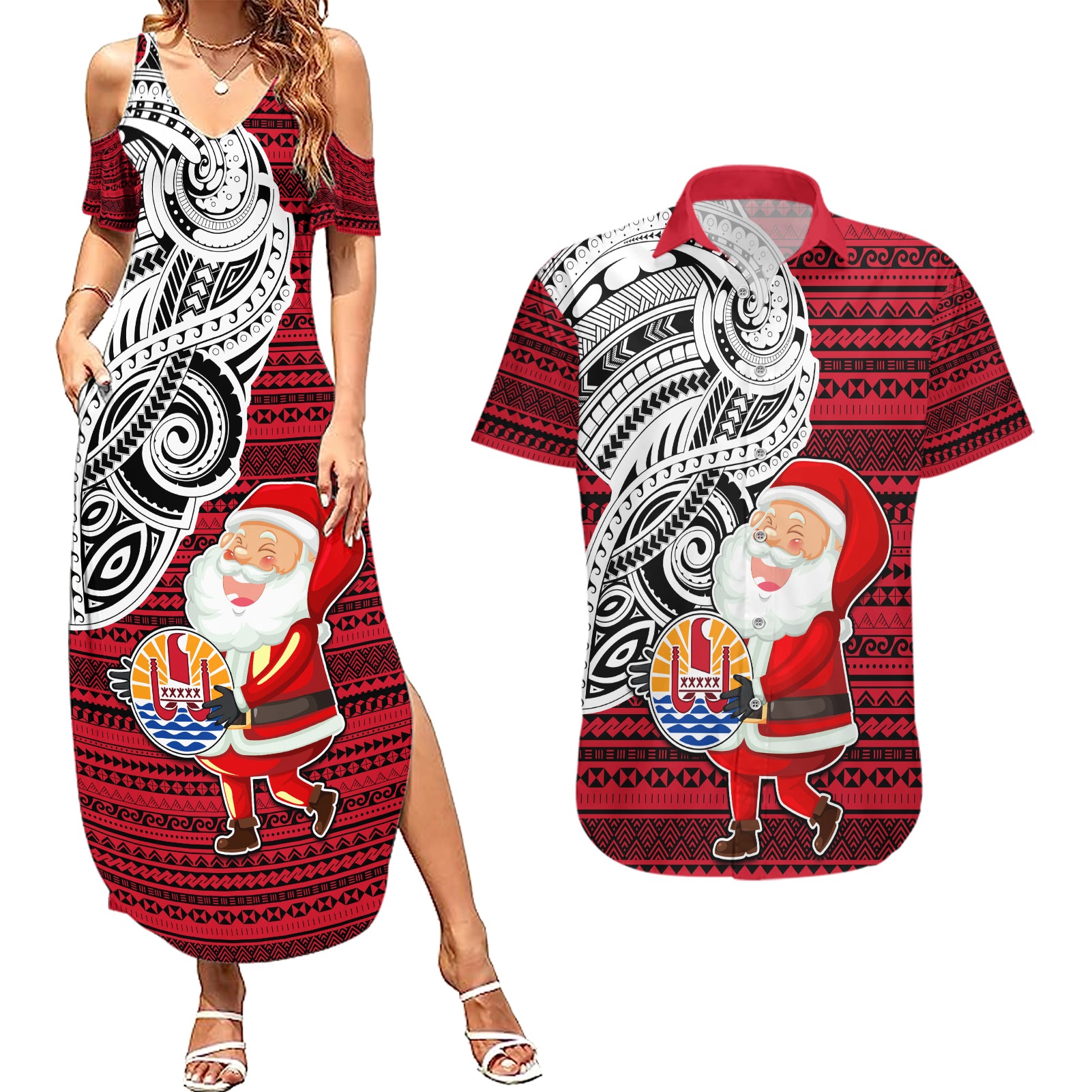 Custom French Polynesia Christmas Couples Matching Summer Maxi Dress and Hawaiian Shirt Santa Hold Seal with Polynesian Tribal Tattoo LT03 Red - Polynesian Pride