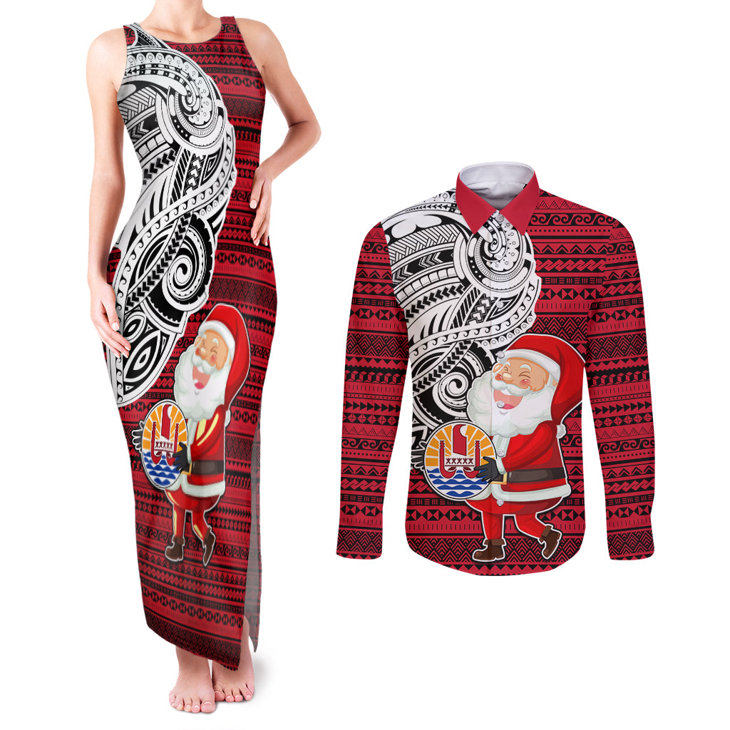 Custom French Polynesia Christmas Couples Matching Tank Maxi Dress and Long Sleeve Button Shirt Santa Hold Seal with Polynesian Tribal Tattoo LT03 Red - Polynesian Pride