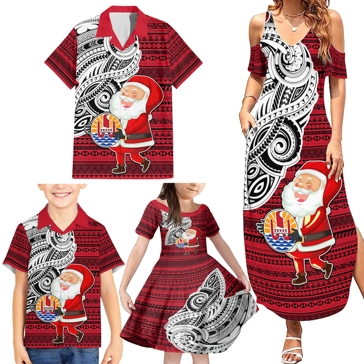 Custom French Polynesia Christmas Family Matching Summer Maxi Dress and Hawaiian Shirt Santa Hold Seal with Polynesian Tribal Tattoo LT03 - Polynesian Pride