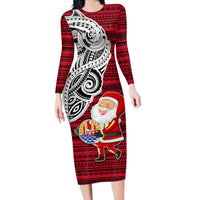 Custom French Polynesia Christmas Long Sleeve Bodycon Dress Santa Hold Seal with Polynesian Tribal Tattoo LT03 Long Dress Red - Polynesian Pride