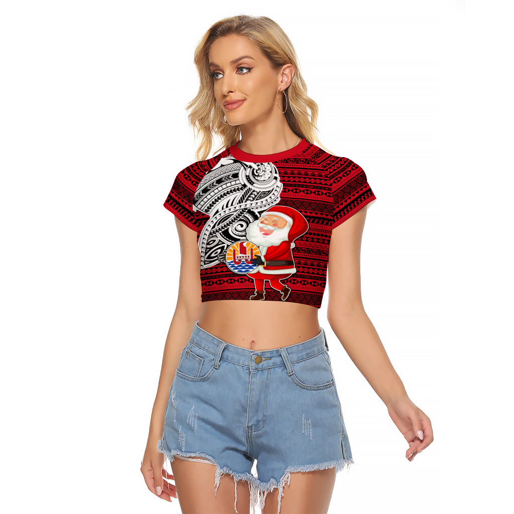 Custom French Polynesia Christmas Raglan Cropped T Shirt Santa Hold Seal with Polynesian Tribal Tattoo LT03 Female Red - Polynesian Pride