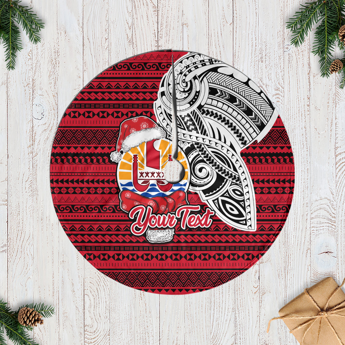 Custom French Polynesia Christmas Tree Skirt Santa Hold Seal with Polynesian Tribal Tattoo LT03 Red - Polynesian Pride