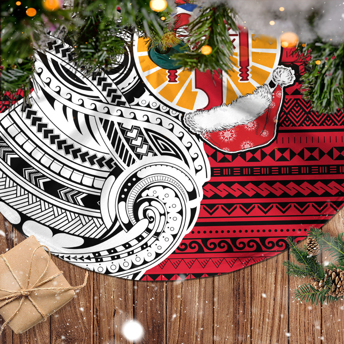 Custom French Polynesia Christmas Tree Skirt Santa Hold Seal with Polynesian Tribal Tattoo LT03 - Polynesian Pride