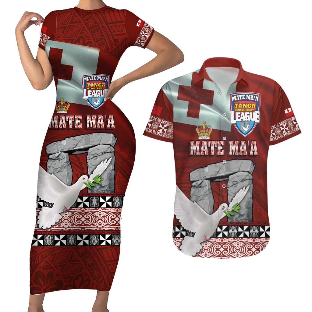 Mate Ma'a Tonga Couples Matching Short Sleeve Bodycon Dress and Hawaiian Shirt Haamonga a Maui and White Dove - Tongan Kupesi Ngatu LT03 Red - Polynesian Pride