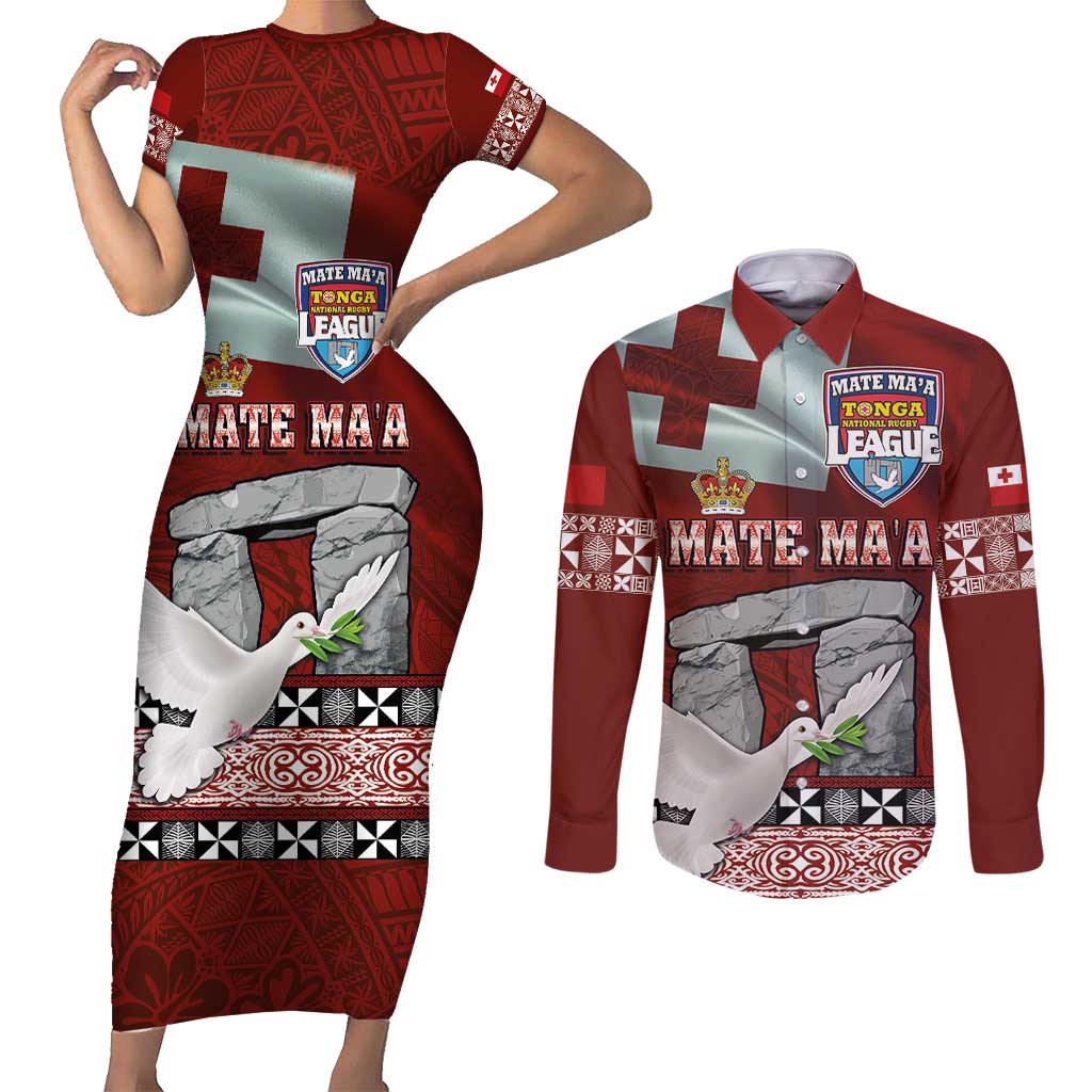 Mate Ma'a Tonga Couples Matching Short Sleeve Bodycon Dress and Long Sleeve Button Shirt Haamonga a Maui and White Dove - Tongan Kupesi Ngatu LT03 Red - Polynesian Pride