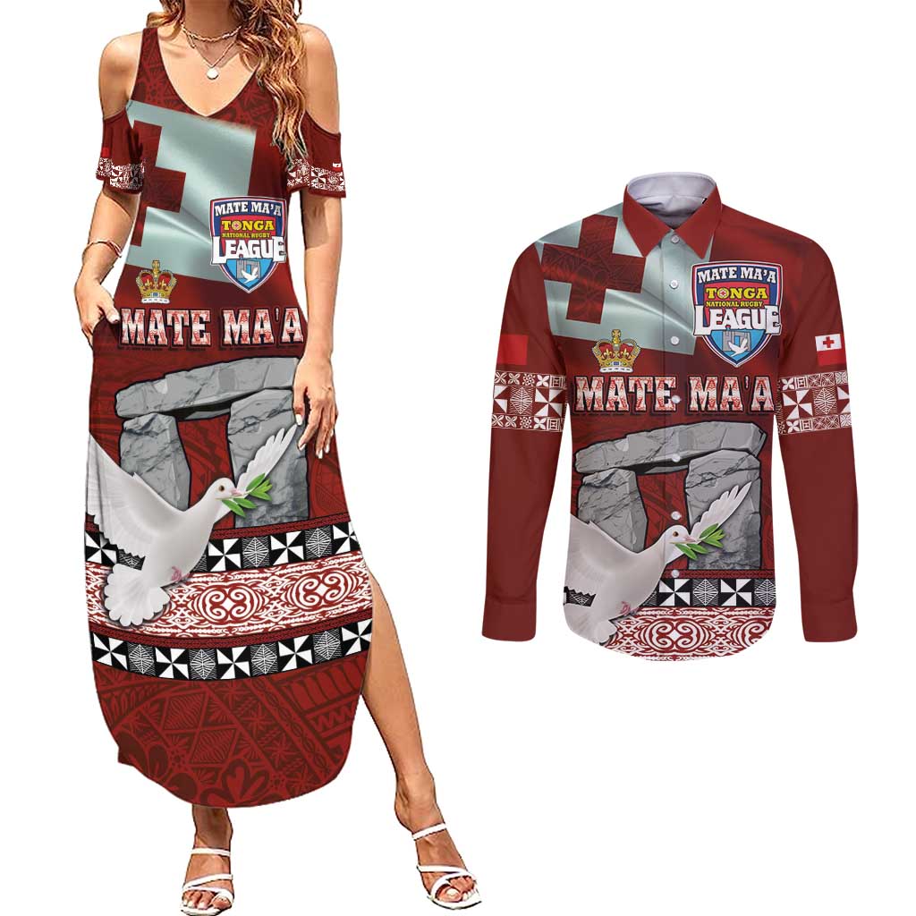 Mate Ma'a Tonga Couples Matching Summer Maxi Dress and Long Sleeve Button Shirt Haamonga a Maui and White Dove - Tongan Kupesi Ngatu LT03 Red - Polynesian Pride