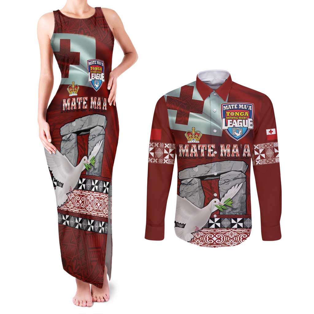 Mate Ma'a Tonga Couples Matching Tank Maxi Dress and Long Sleeve Button Shirt Haamonga a Maui and White Dove - Tongan Kupesi Ngatu LT03 Red - Polynesian Pride