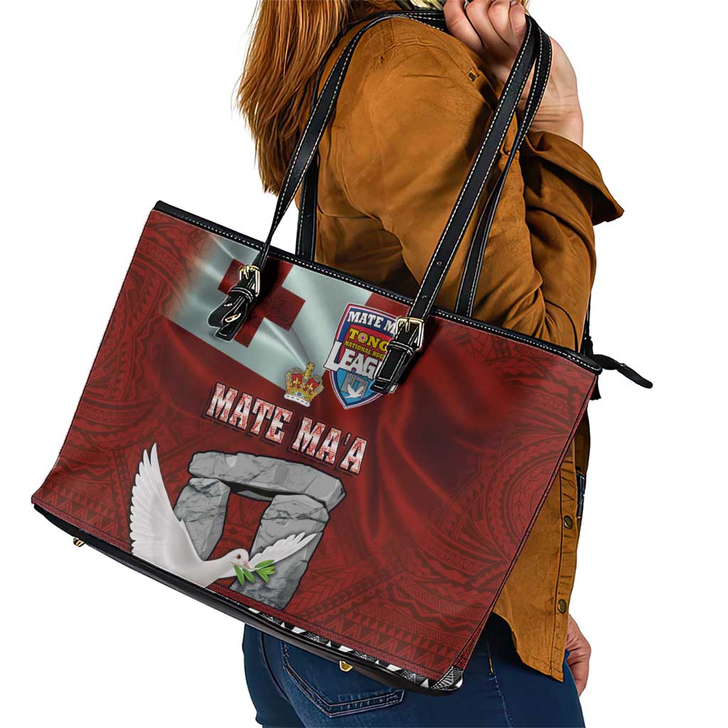 Mate Ma'a Tonga Leather Tote Bag Haamonga a Maui and White Dove - Tongan Kupesi Ngatu LT03 - Polynesian Pride
