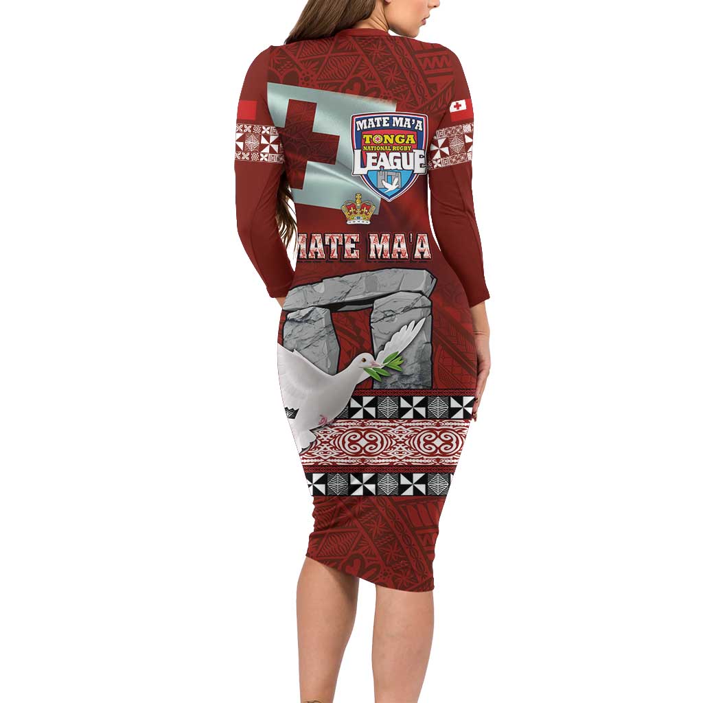 Mate Ma'a Tonga Long Sleeve Bodycon Dress Haʻamonga ʻa Maui and White Dove - Tongan Kupesi Ngatu