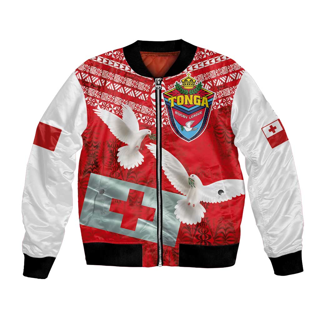 Mate Ma'a Tonga Bomber Jacket Douple White Dove and Kupesi Ngatu Art Tattoo