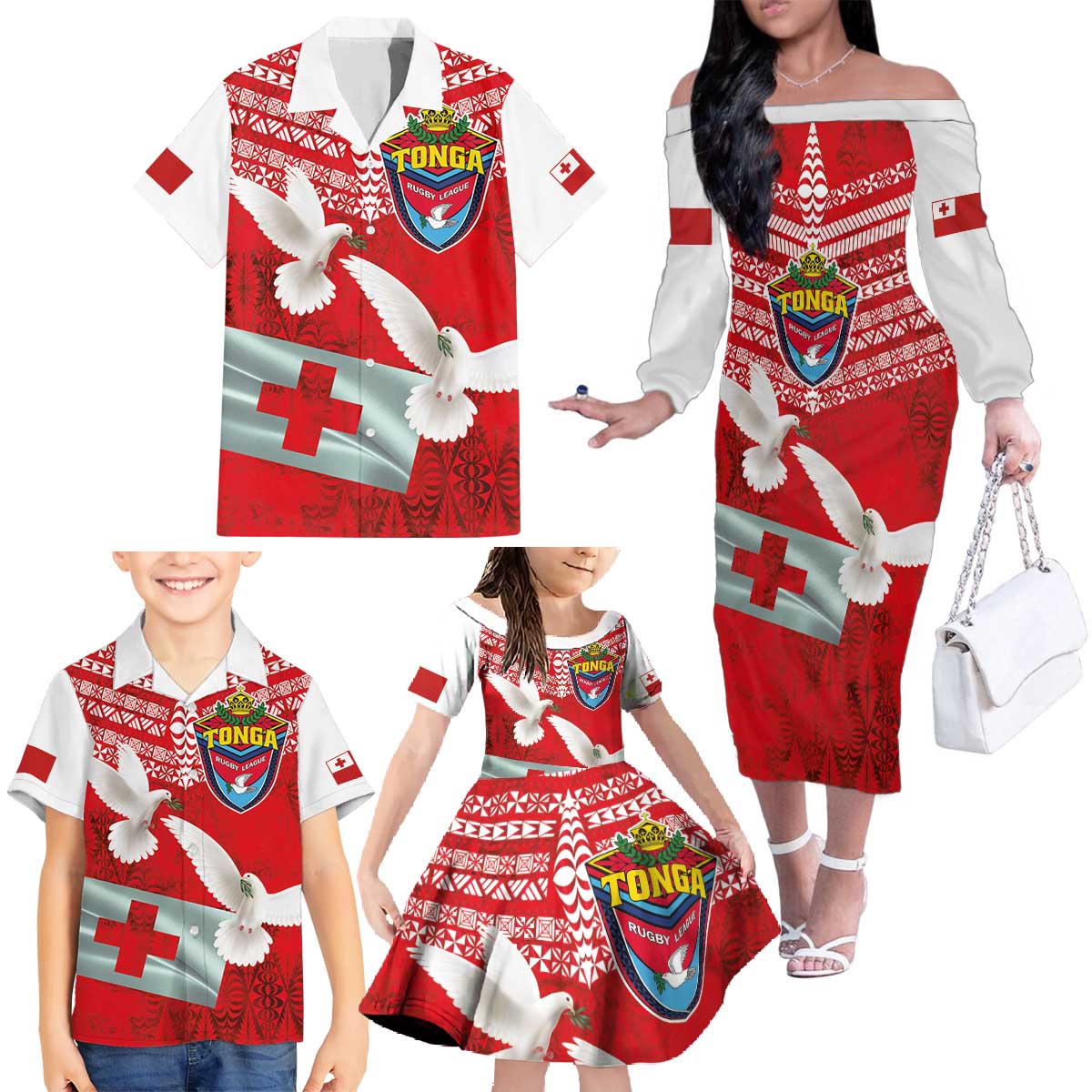 Mate Ma'a Tonga Family Matching Off The Shoulder Long Sleeve Dress and Hawaiian Shirt Double White Dove and Kupesi Ngatu Art Tattoo LT03 - Polynesian Pride