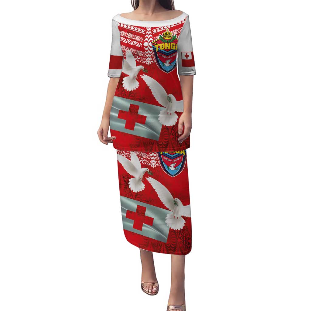 Mate Ma'a Tonga Puletasi Double White Dove and Kupesi Ngatu Art Tattoo LT03 Long Dress Red - Polynesian Pride
