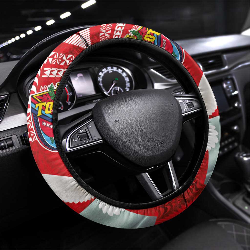 Mate Ma'a Tonga Steering Wheel Cover Double White Dove and Kupesi Ngatu Art Tattoo LT03 Universal Fit Red - Polynesian Pride