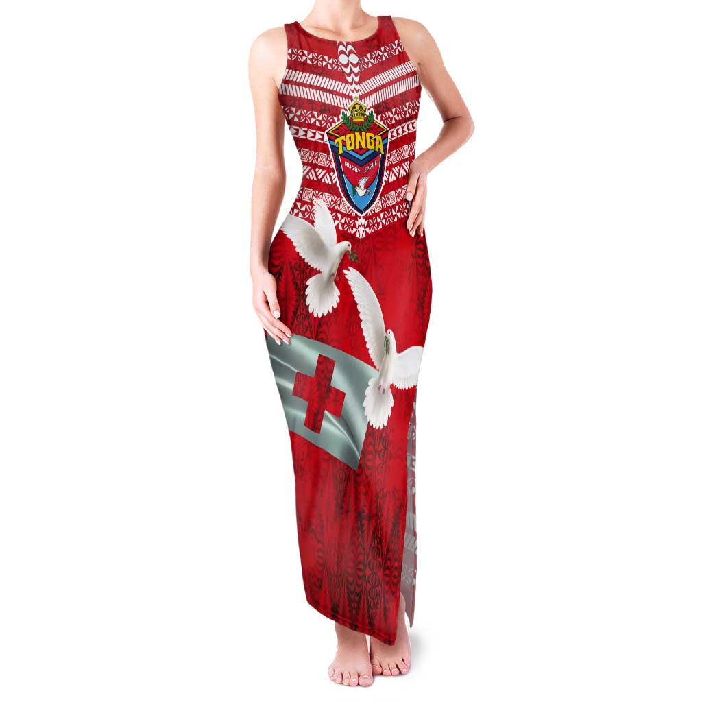 Mate Ma'a Tonga Tank Maxi Dress Double White Dove and Kupesi Ngatu Art Tattoo LT03 Women Red - Polynesian Pride