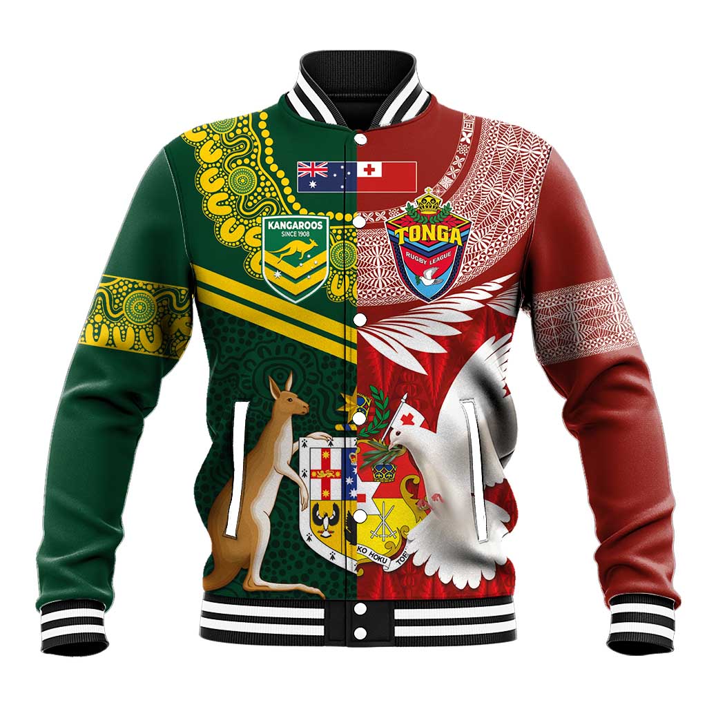 Custom Mate Ma'a Tonga and Australia Kangaroo Baseball Jacket Nation Seal with Mascot Aboriginal and Tongan Kupesi Ngatu Art LT03 Unisex Red - Polynesian Pride
