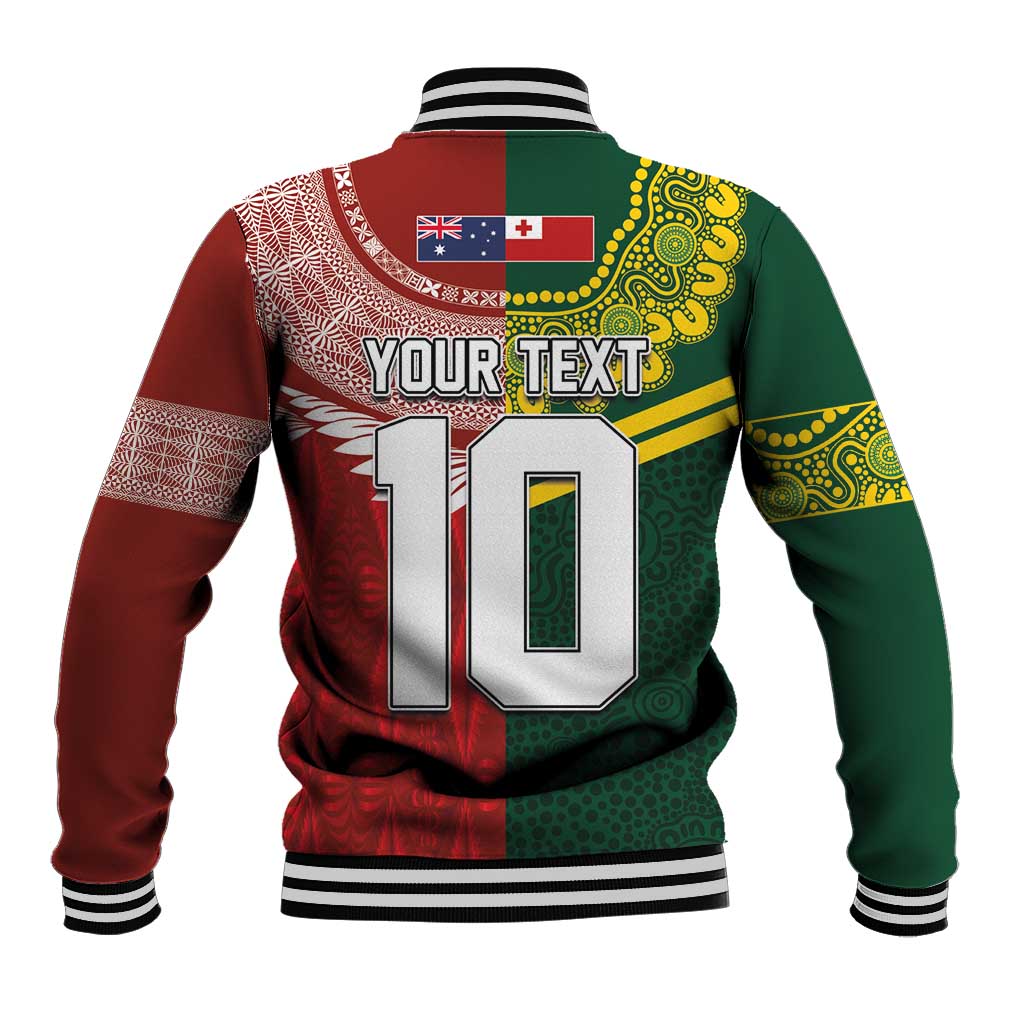 Custom Mate Ma'a Tonga and Australia Kangaroo Baseball Jacket Nation Seal with Mascot Aboriginal and Tongan Kupesi Ngatu Art LT03 - Polynesian Pride