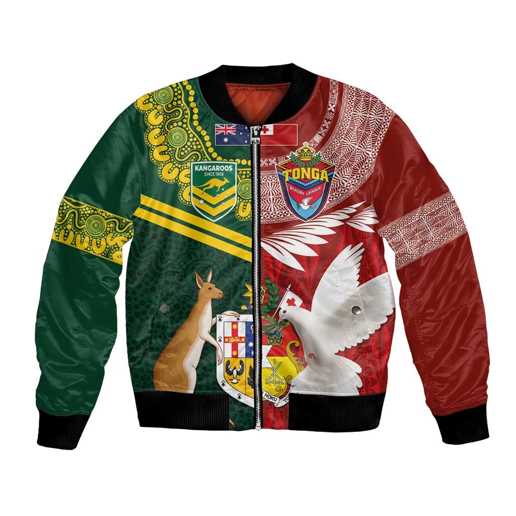 Custom Mate Ma'a Tonga and Australia Kangaroo Bomber Jacket Nation Seal with Mascot Aboriginal and Tongan Kupesi Ngatu Art