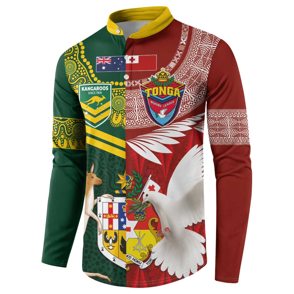 Custom Mate Ma'a Tonga and Australia Kangaroo Button Sweatshirt Nation Seal with Mascot Aboriginal and Tongan Kupesi Ngatu Art LT03 - Polynesian Pride