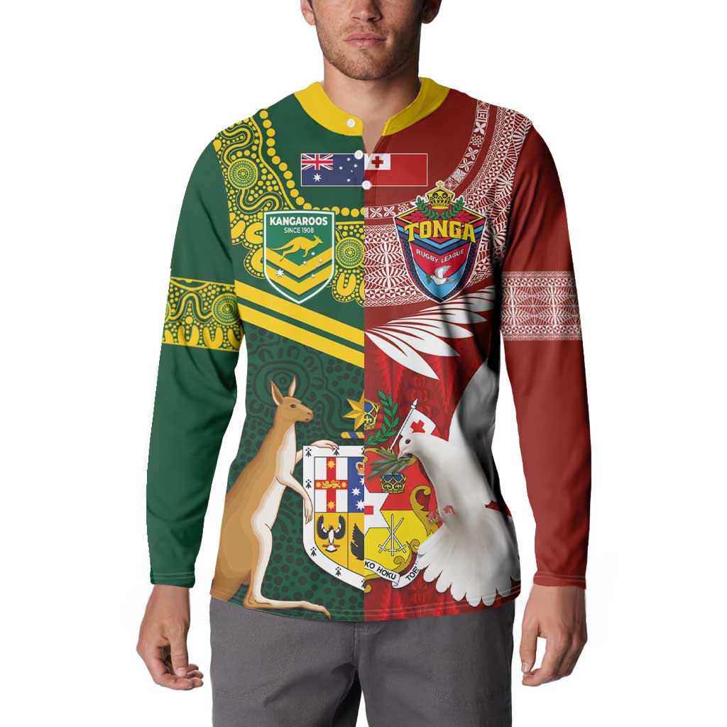 Custom Mate Ma'a Tonga and Australia Kangaroo Button Sweatshirt Nation Seal with Mascot Aboriginal and Tongan Kupesi Ngatu Art LT03 - Polynesian Pride