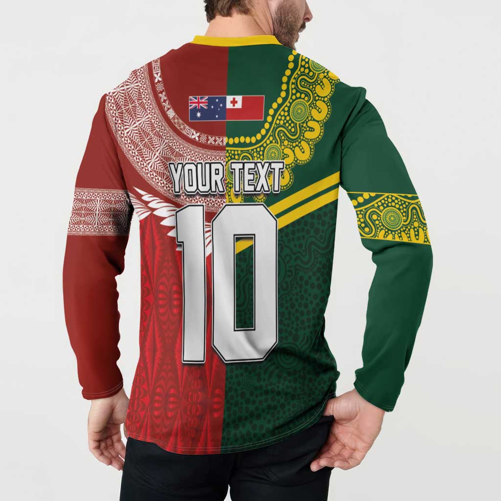 Custom Mate Ma'a Tonga and Australia Kangaroo Button Sweatshirt Nation Seal with Mascot Aboriginal and Tongan Kupesi Ngatu Art LT03 - Polynesian Pride