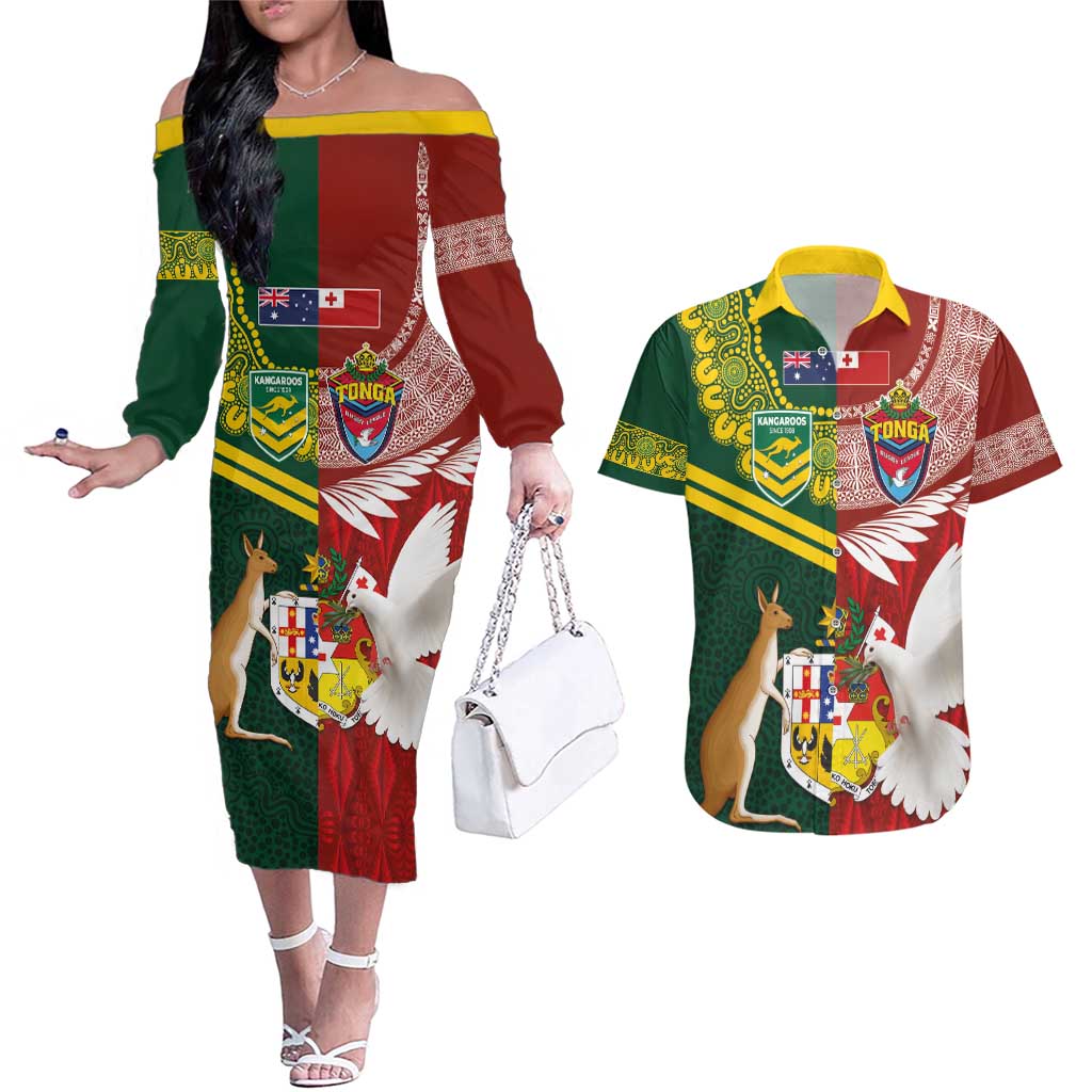 Custom Mate Ma'a Tonga and Australia Kangaroo Couples Matching Off The Shoulder Long Sleeve Dress and Hawaiian Shirt Nation Seal with Mascot Aboriginal and Tongan Kupesi Ngatu Art