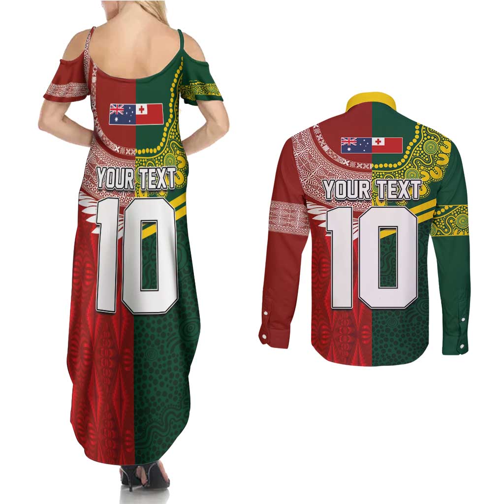 Custom Mate Ma'a Tonga and Australia Kangaroo Couples Matching Summer Maxi Dress and Long Sleeve Button Shirt Nation Seal with Mascot Aboriginal and Tongan Kupesi Ngatu Art