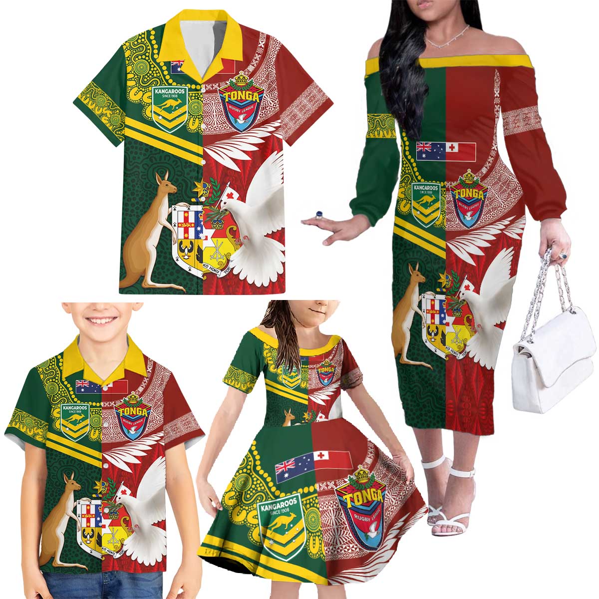 Custom Mate Ma'a Tonga and Australia Kangaroo Family Matching Off The Shoulder Long Sleeve Dress and Hawaiian Shirt Nation Seal with Mascot Aboriginal and Tongan Kupesi Ngatu Art