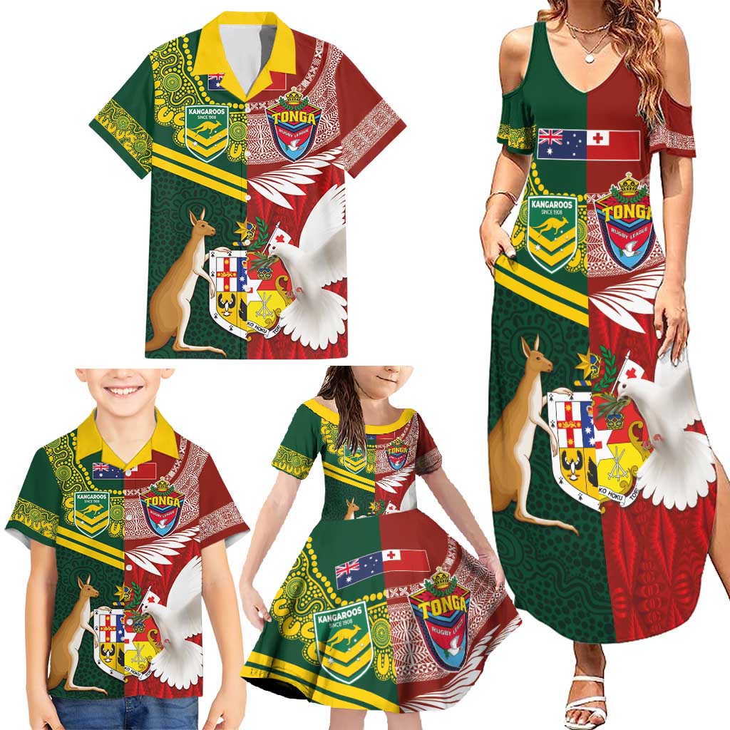 Custom Mate Ma'a Tonga and Australia Kangaroo Family Matching Summer Maxi Dress and Hawaiian Shirt Nation Seal with Mascot Aboriginal and Tongan Kupesi Ngatu Art