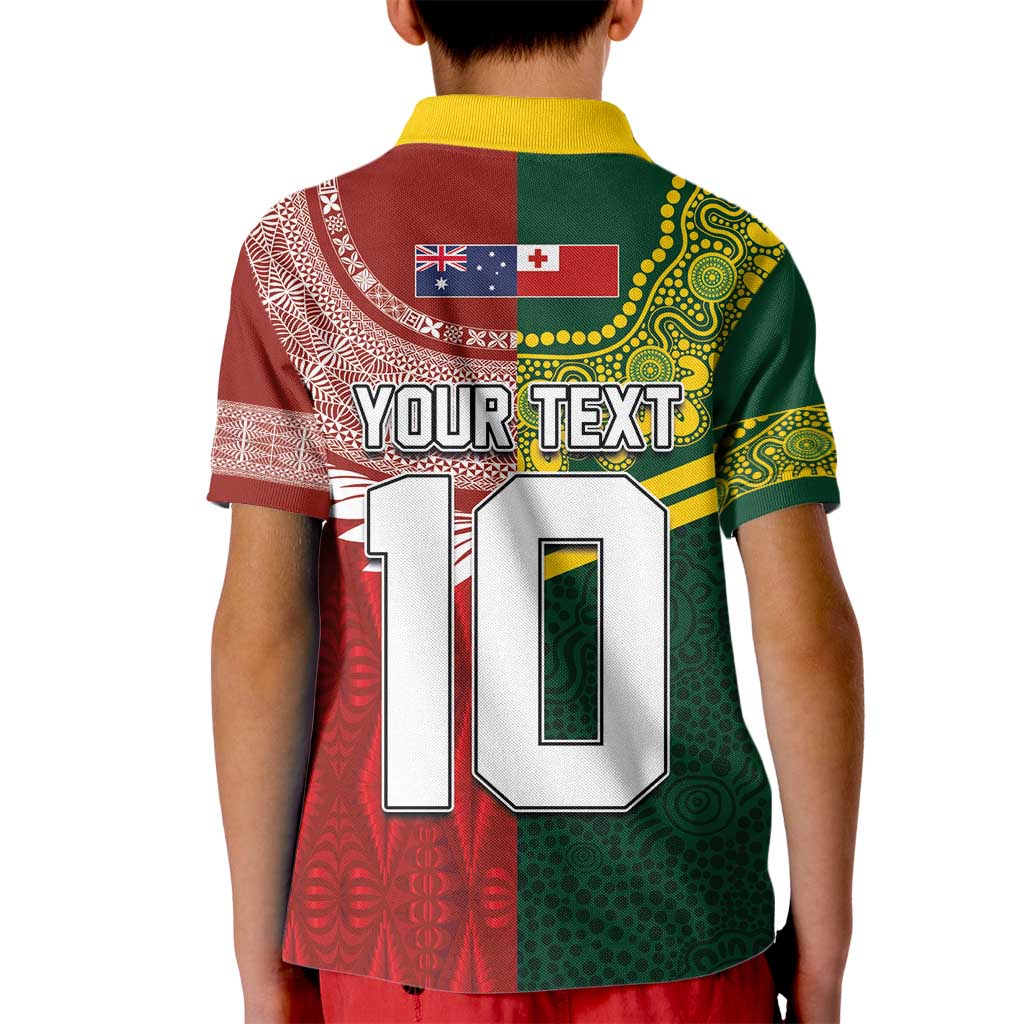 Custom Mate Ma'a Tonga and Australia Kangaroo Kid Polo Shirt Nation Seal with Mascot Aboriginal and Tongan Kupesi Ngatu Art