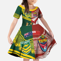 Custom Mate Ma'a Tonga and Australia Kangaroo Kid Short Sleeve Dress Nation Seal with Mascot Aboriginal and Tongan Kupesi Ngatu Art