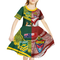 Custom Mate Ma'a Tonga and Australia Kangaroo Kid Short Sleeve Dress Nation Seal with Mascot Aboriginal and Tongan Kupesi Ngatu Art