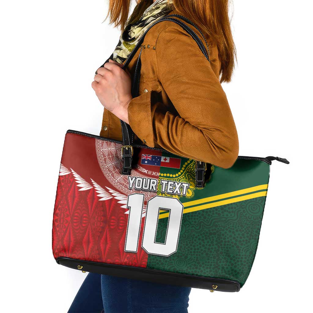 Custom Mate Ma'a Tonga and Australia Kangaroo Leather Tote Bag Nation Seal with Mascot Aboriginal and Tongan Kupesi Ngatu Art LT03 Red - Polynesian Pride