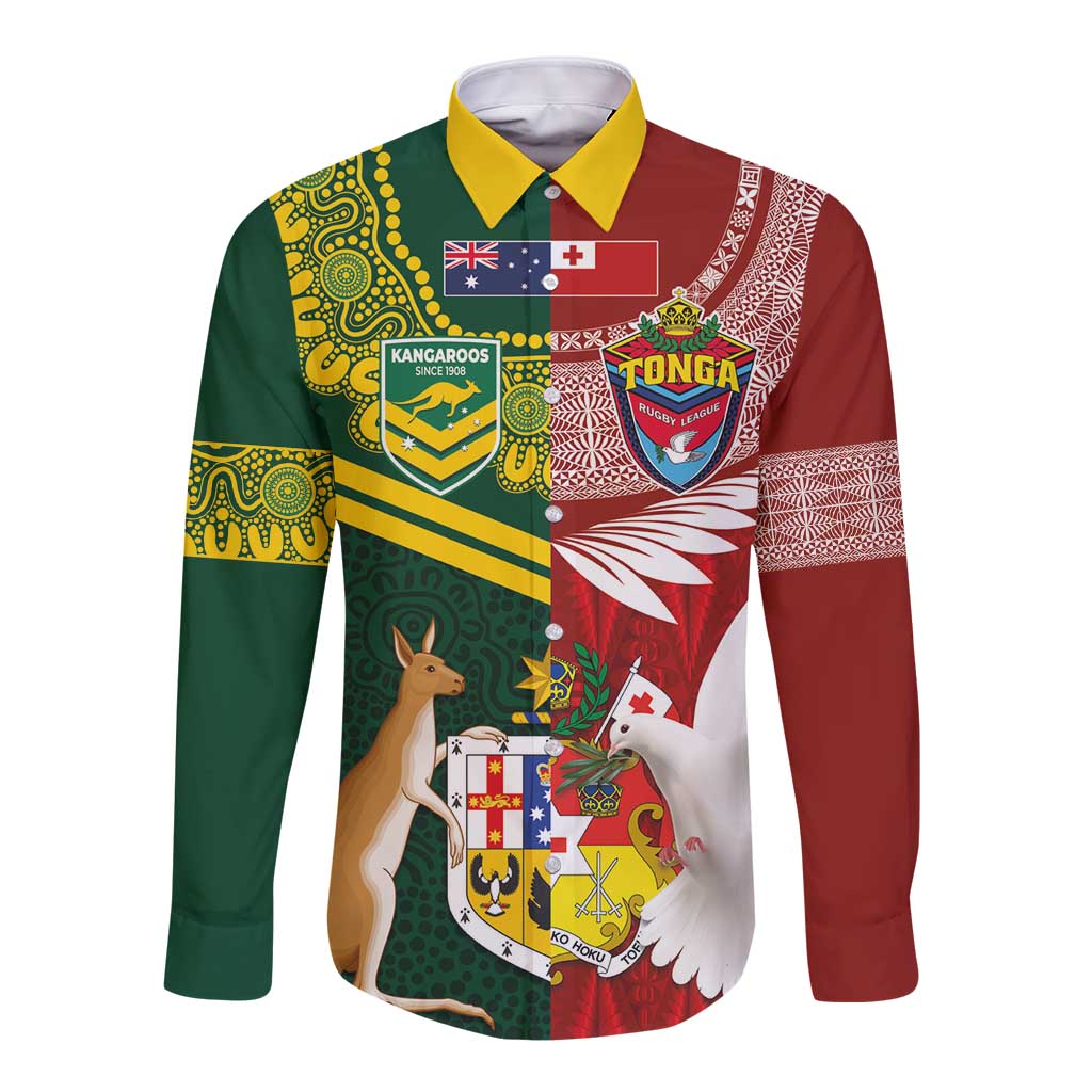 Custom Mate Ma'a Tonga and Australia Kangaroo Long Sleeve Button Shirt Nation Seal with Mascot Aboriginal and Tongan Kupesi Ngatu Art