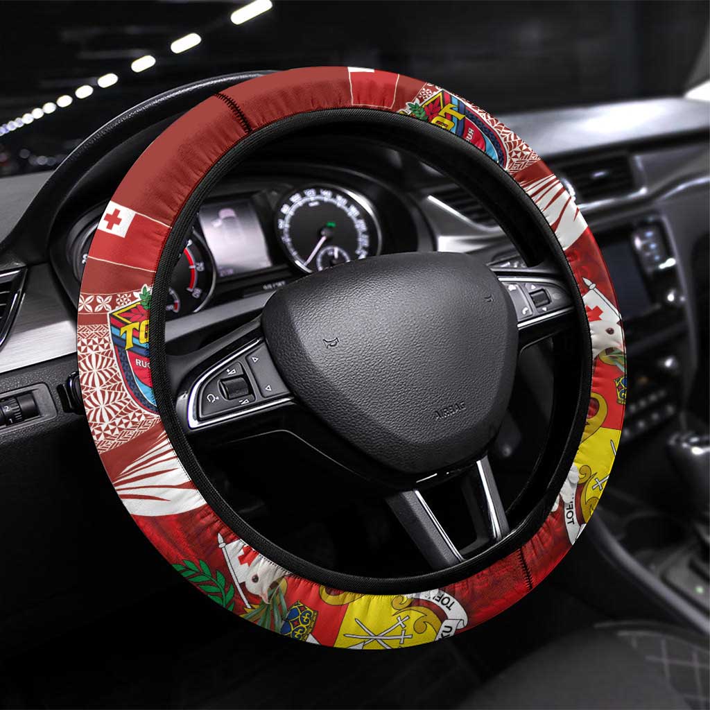 Mate Ma'a Tonga and Australia Kangaroo Steering Wheel Cover Nation Seal with Mascot Aboriginal and Tongan Kupesi Ngatu Art LT03 Universal Fit Red - Polynesian Pride