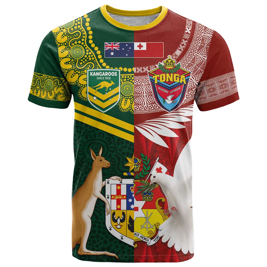 Custom Mate Ma'a Tonga and Australia Kangaroo T Shirt Nation Seal with Mascot Aboriginal and Tongan Kupesi Ngatu Art