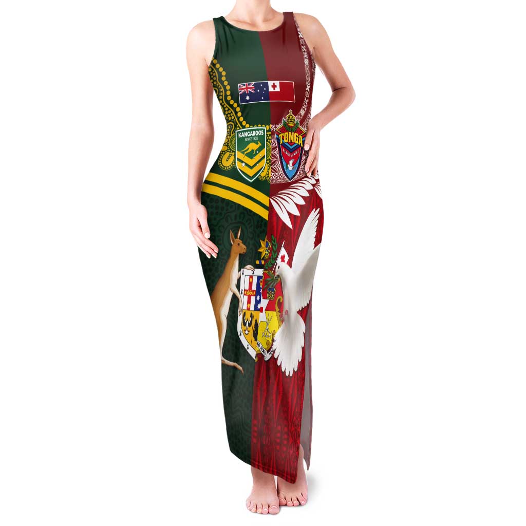 Custom Mate Ma'a Tonga and Australia Kangaroo Tank Maxi Dress Nation Seal with Mascot Aboriginal and Tongan Kupesi Ngatu Art LT03 Women Red - Polynesian Pride