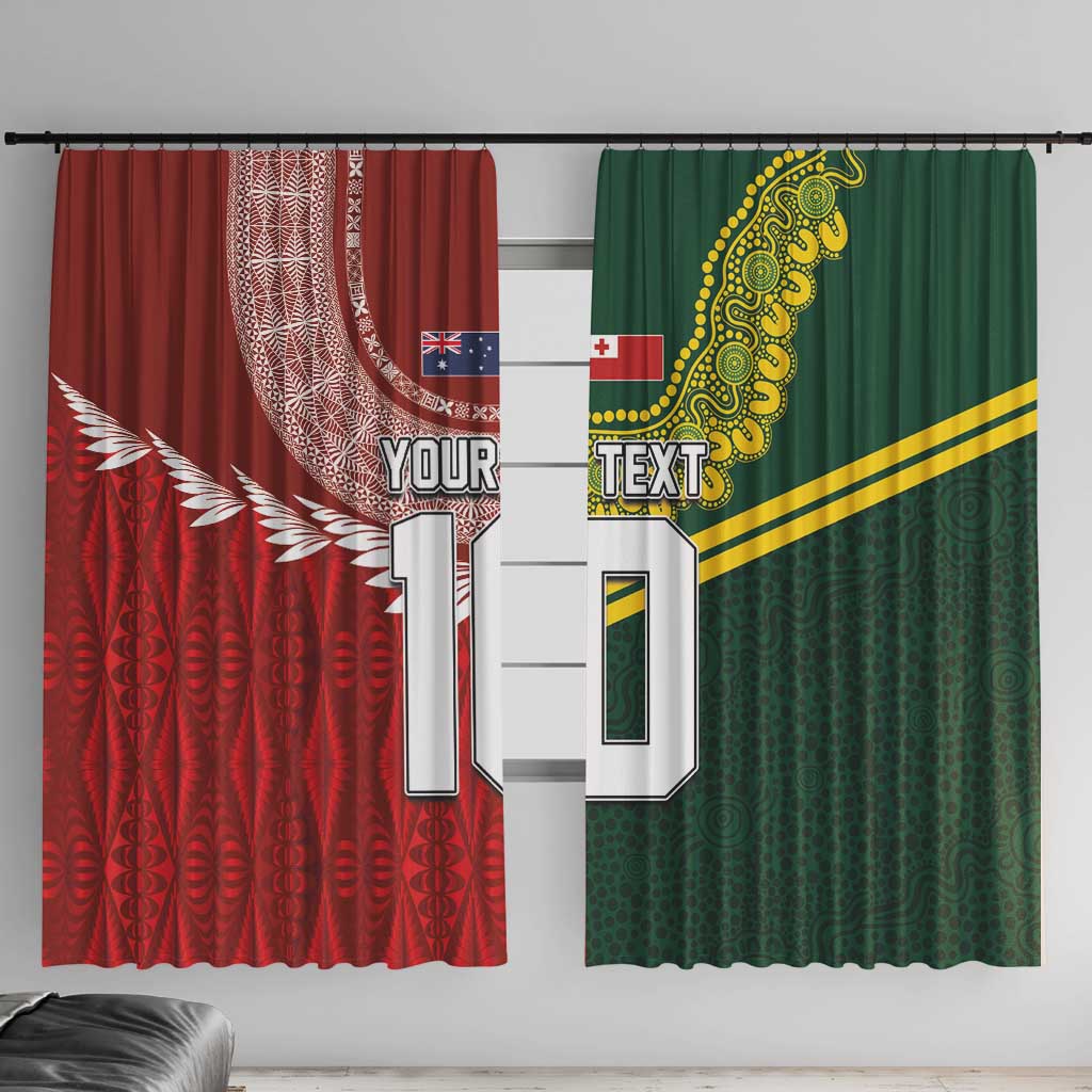 Custom Mate Ma'a Tonga and Australia Kangaroo Window Curtain Nation Seal with Mascot Aboriginal and Tongan Kupesi Ngatu Art